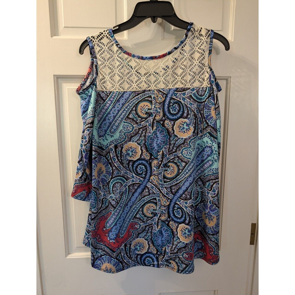 Womens Paisley Cold Shoulder Blouse Large Blue Lace Trim Stretch Made USA